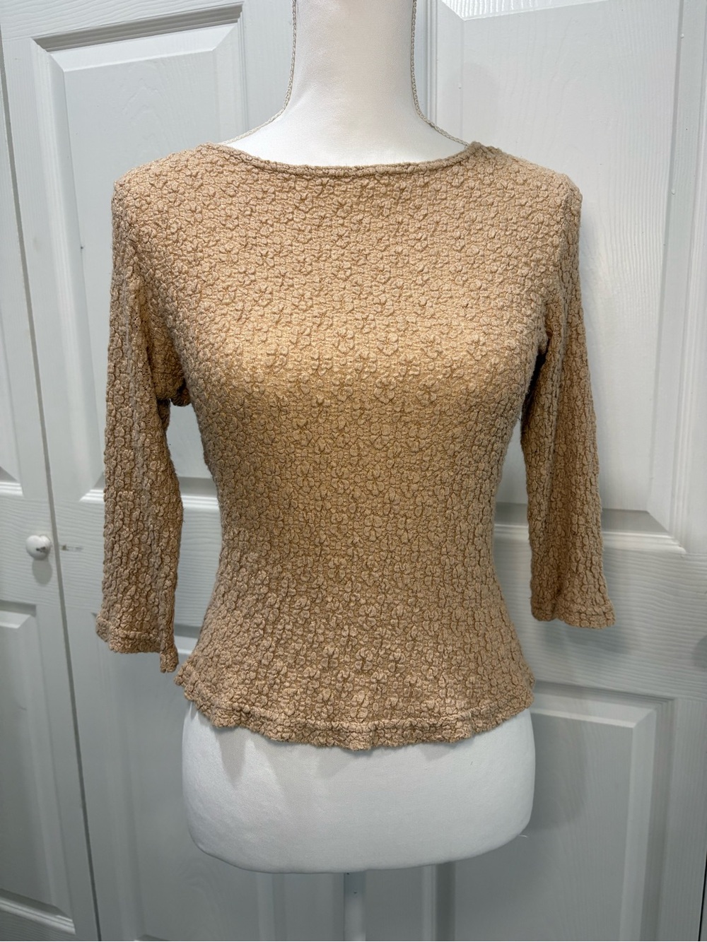 Women's Beige Textured Boatneck Long Sleeve Top